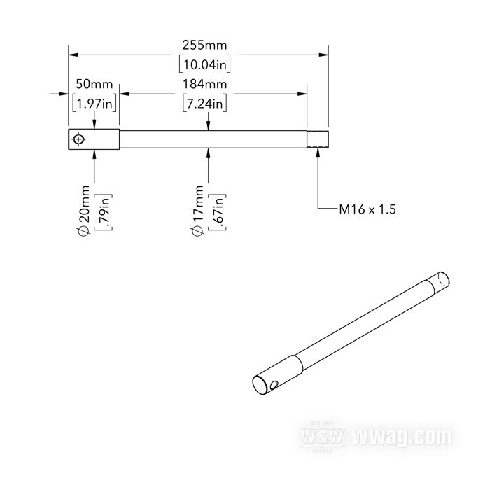 Eje delantero; para horquillas GP35; acero inoxidable; largo: 255 mm; Ø 17 mm; rosca: M16 x 1.5; con tuerca y arandela; Alemania; peso bruto: 520 g
