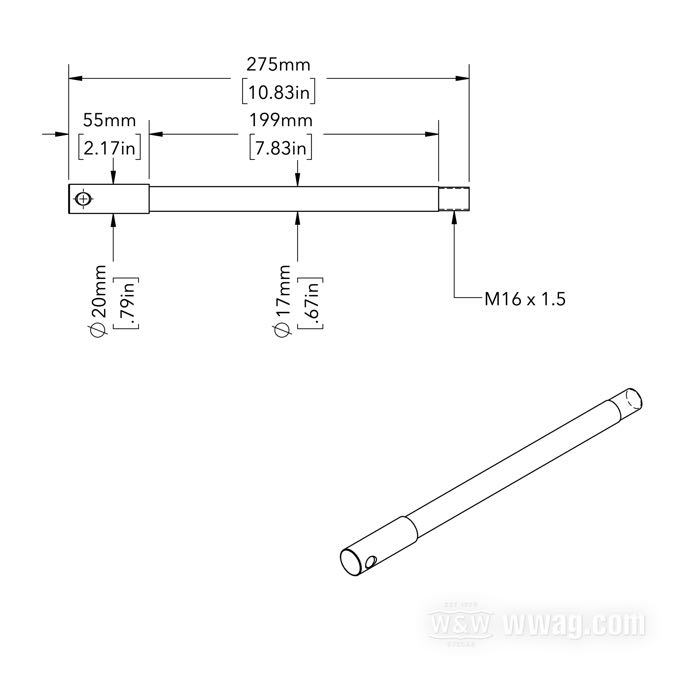 Axe avant; pour fourches GP38 et GP38 Racing; acier inox; longueur: 275 mm; Ø 17 mm; filetage: M16 x 1.5; avec écrou et rondelle; Allemagne; poids brut: 554 g