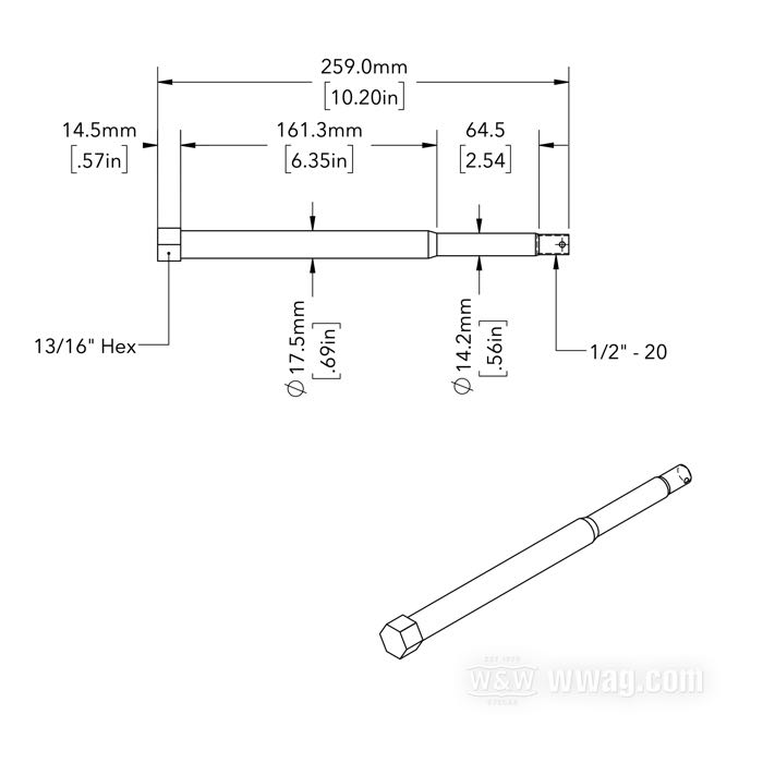 Eje delantero; para Buje Star con rodamientos cónicos; apropiado para Knucklehead 1936, Big Twin 1937-1948, Servi-Car 1937-1957, WLC 1941-1943; acero, cromado; largo: 259 mm; Ø 17.5 mm; rosca: 1/2”-20; con distanciador, tuerca, arandela y perno; peso bruto: 500 g