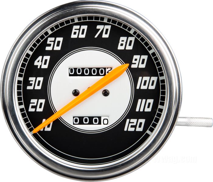 Cuentakilómetros mecánico »1947«; Ø 4-1/4”; rosca: 5/8”-18; Esfera: negro / plateado; transmisión: 2:1 (2000 rpm = 60 mph); →120 mph; Nadelfarbe A: naranja; peso bruto: 470 g