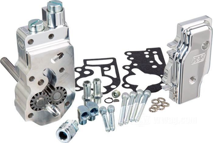 Ölpumpe von S&S; passend für Big Twin 1992-1999; Billet-Aluminium, poliert, mit Standard-Deckel; mit Ölpumpenwelle, Montageschrauben, Dichtsatz und Anbauanleitung; Bruttogewicht: 1.28 kg