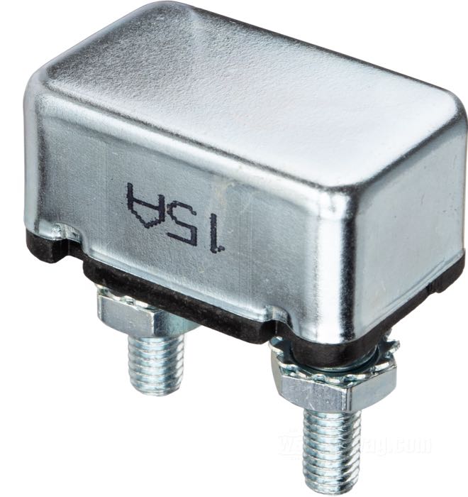 Fusible bimétallique; adaptable à FL 1973-1984, FX 1973-1986, FXR 1982-1994, Dyna 1991-1995, Softail 1984-1994, Sportster 1973-1994, Touring 1980-1993; zingué; 15 A; remplace OEM HD 74589-73; poids brut: 30 g