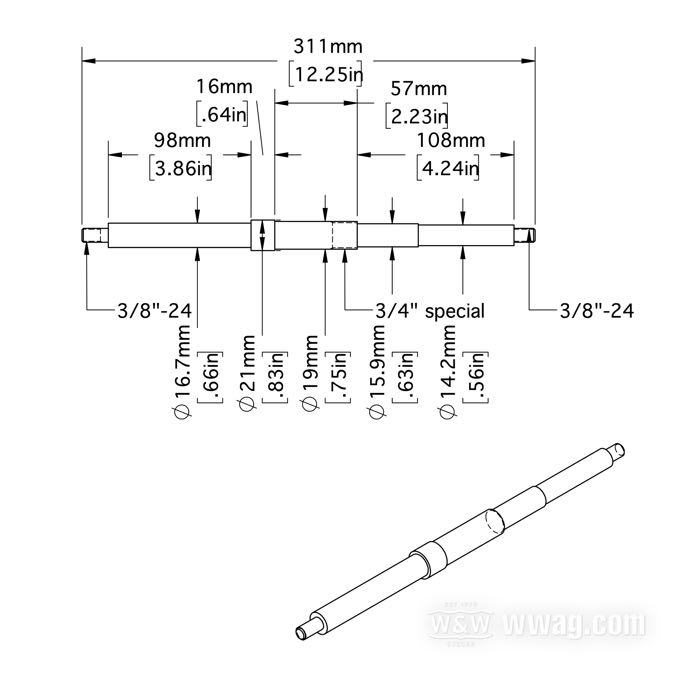 Footboard support rods; fits models 1925-1929; steel, parkerized, end threads: 3/8”-24; length: 311 mm; with mounting nut; replaces OEM HD 2928-25; NOTE: Must use the included nut and is not compatible with 2932-14 nuts.; gross weight: 480 g