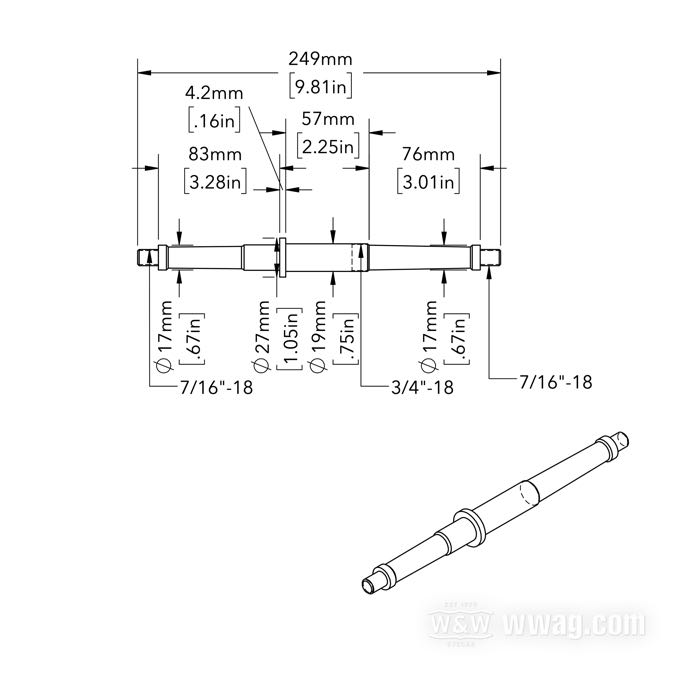 Footboard support rods; fits models 1915-1921; steel, parkerized, threads on ends: 7/16”-20, mounting thread: 3/4”-18; length: 249 mm; replaces OEM HD 2928-17; gross weight: 416 g
