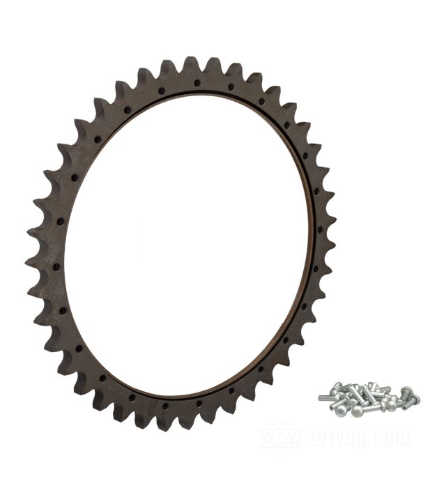 Couronne à chaîne; pour Frein à tambour; adaptable à modèles R 1935-1936, modèles W 1937-1952; avec anneau pare-poussière; acier; nombre de dents: 41; pas des dents: 530 (5/8” x 3/8”); avec rivets et goupilles de fixation; remplace OEM HD 41474-35; poids brut: 380 g