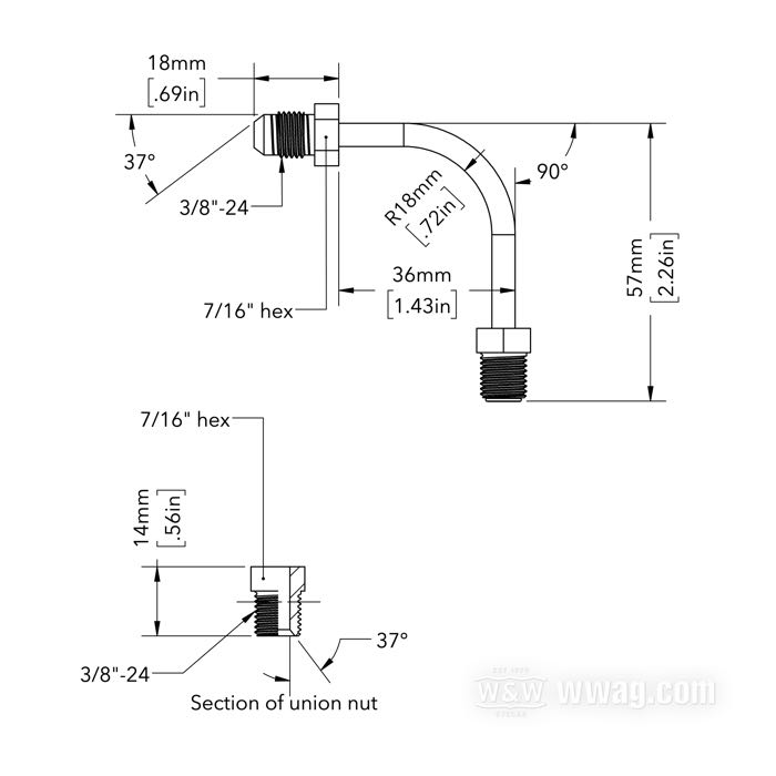Fitting by Goodridge; steel, chrome-plated, 90°; connection thread: JIC 37°-3→3/8”-24 IF; gross weight: 30 g