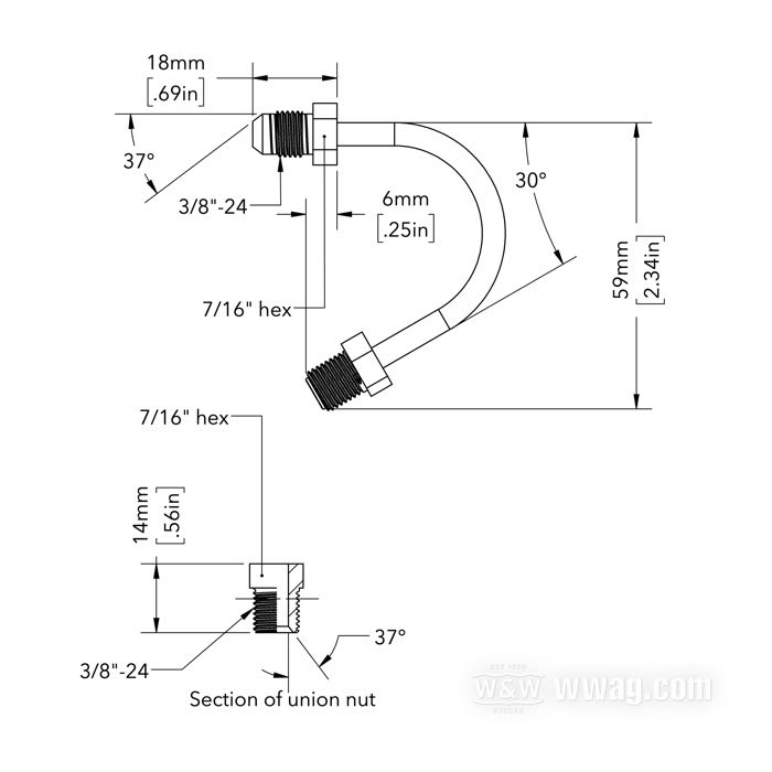 Fitting by Goodridge; stainless steel, 150° (30°); connection thread: JIC 37°-3→3/8”-24 IF; gross weight: 21 g