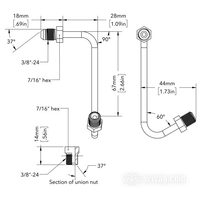 Fitting by Goodridge; steel, chrome-plated, 90° and 60°; connection thread: JIC 37°-3→3/8”-24 IF; gross weight: 50 g
