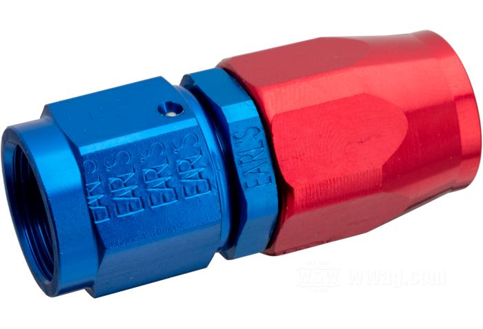Oil line fitting by Earl's Performance Products; aluminum, blue / red, anodised, straight; connection thread: 9/16”-18; gross weight: 20 g