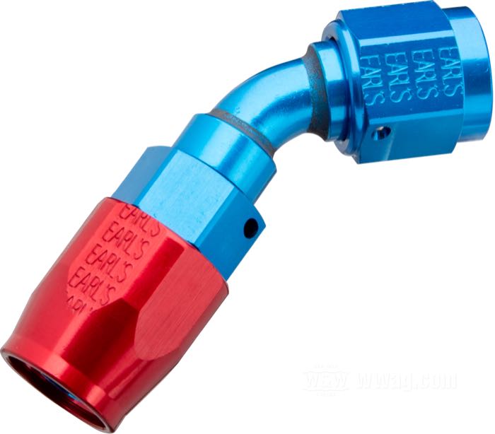 Raccord de durite d‘huile de Earl's Performance Products; aluminium, bleu / rouge, anodisé, 45°; filet raccord: 9/16”-18; poids brut: 30 g