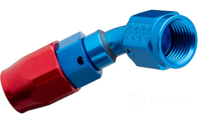 Raccord de durite d‘huile de Earl's Performance Products; aluminium, bleu / rouge, anodisé, 45°; filet raccord: 9/16”-18; poids brut: 30 g
