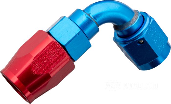 Raccord de durite d‘huile de Earl's Performance Products; aluminium, bleu / rouge, anodisé, 90°; filet raccord: 9/16”-18; poids brut: 30 g