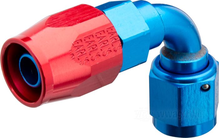 Raccord de durite d‘huile de Earl's Performance Products; aluminium, bleu / rouge, anodisé, 90°; filet raccord: 9/16”-18; poids brut: 30 g