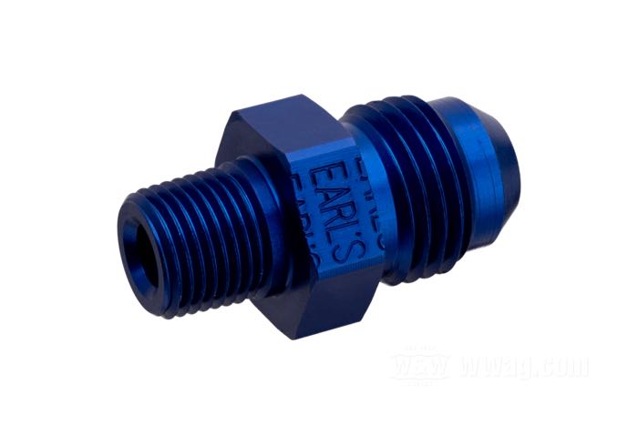 Adapter by Earl's Performance Products; aluminum, blue, anodised; thread: 1/8”-27 NPT; connection thread: 9/16”-18; gross weight: 10 g
