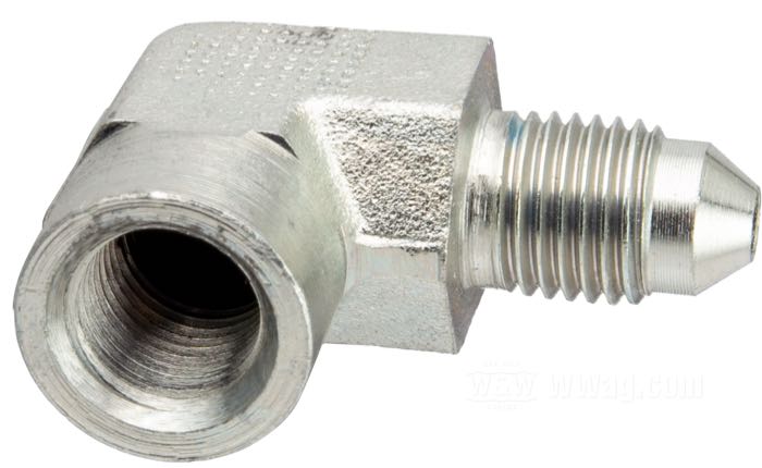 Adaptador; para conecta directamente el manómetro y el tubo; acero, cincado, 90°; rosca: JIC 37°-3; rosca del racor: rosca interior NPT de 1/8”; peso bruto: 30 g