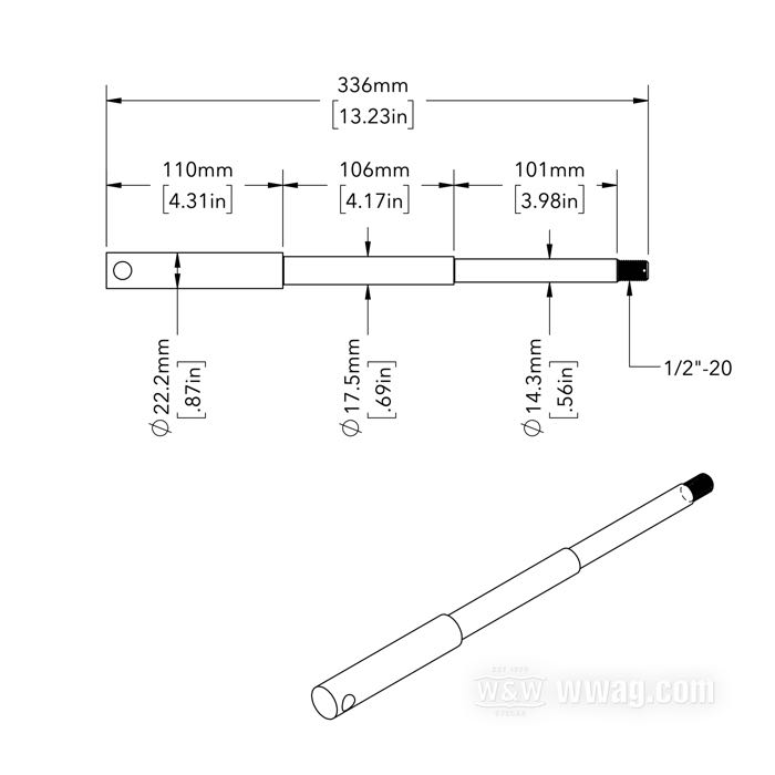 Perno anteriore; per Mozzo Star con cuscinetti conici; atto per Big Twin 1949-1966, Servi-Car 1958-1966; acciaio, cromato; lunghezza: 335 mm; Ø 17.5 mm; filettatura: 1/2”-20; con dado, rondella e coppiglia; peso lordo: 800 g