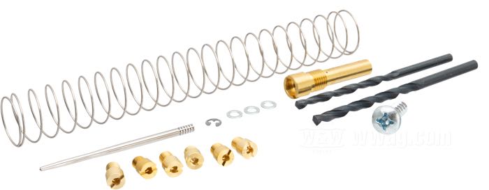 Kit da aggiustamento di Dynojet; atto per Twin Cam 88 2000→; acciaio per molle / ottone / acciaio; per carburatori CV; peso lordo: 150 g