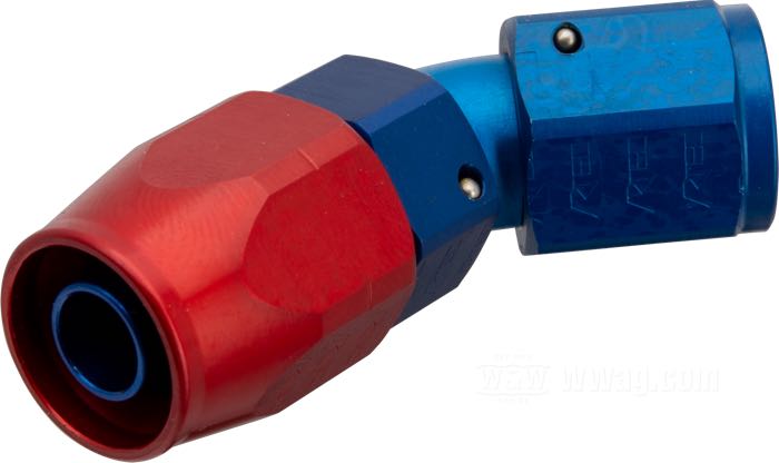 Raccord de durite d‘huile de Krontec; aluminium, bleu / rouge, anodisé, 45°; filet raccord: 9/16”-18; Allemagne; poids brut: 40 g