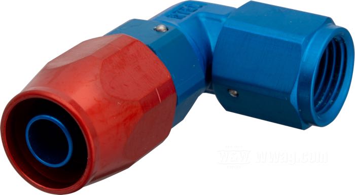 Raccord de durite d‘huile de Krontec; aluminium, bleu / rouge, anodisé, 90°; filet raccord: 9/16”-18; Allemagne; poids brut: 40 g