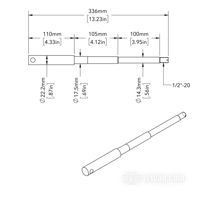 Vorderachse; passend für Big Twin 1949-1966; Stahl, Achskopf verchromt; Länge: 336 mm; Ø 17.5 mm; Gewinde: 1/2”-20; ersetzt OEM HD 43875-48; Bruttogewicht: 690 g