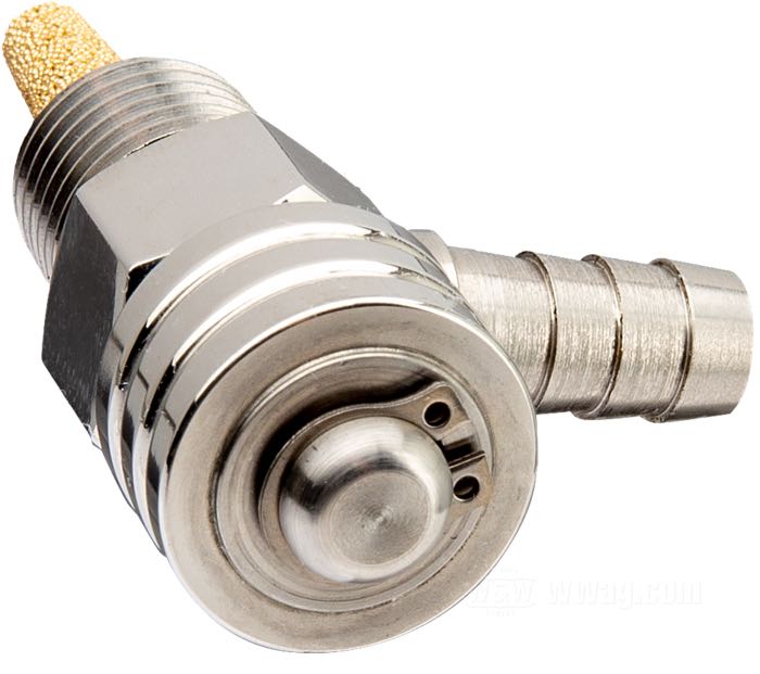 Benzinhahn von Prism Supply Co.; Edelstahl, poliert, keine Reserve; Länge: 30 mm; Ø 18 mm; Auslass-Stellung: 90°; Gewinde: 1/4” NPT; USA; Bruttogewicht: 51 g