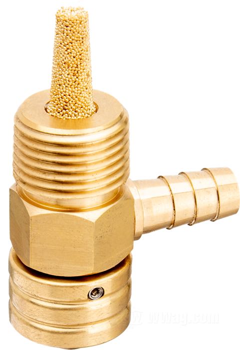 Benzinhahn von Prism Supply Co.; Messing, poliert, keine Reserve; Länge: 30 mm; Ø 18 mm; Auslass-Stellung: 90°; Gewinde: 3/8”-18 NPT; USA; Bruttogewicht: 62 g