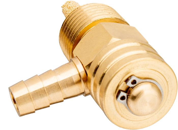 Benzinhahn von Prism Supply Co.; Messing, poliert, keine Reserve; Länge: 30 mm; Ø 18 mm; Auslass-Stellung: 90°; Gewinde: 3/8”-18 NPT; USA; Bruttogewicht: 62 g