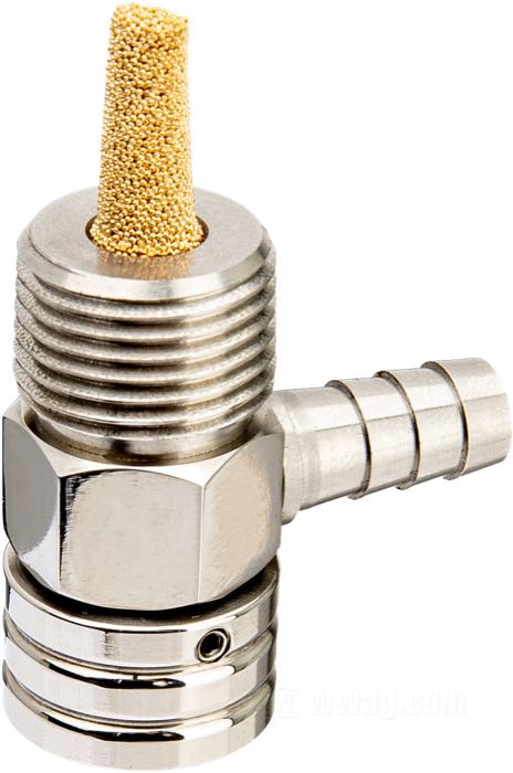 Benzinhahn von Prism Supply Co.; Edelstahl, poliert, keine Reserve; Länge: 30 mm; Ø 18 mm; Auslass-Stellung: 90°; Gewinde: 3/8”-18 NPT; USA; Bruttogewicht: 58 g