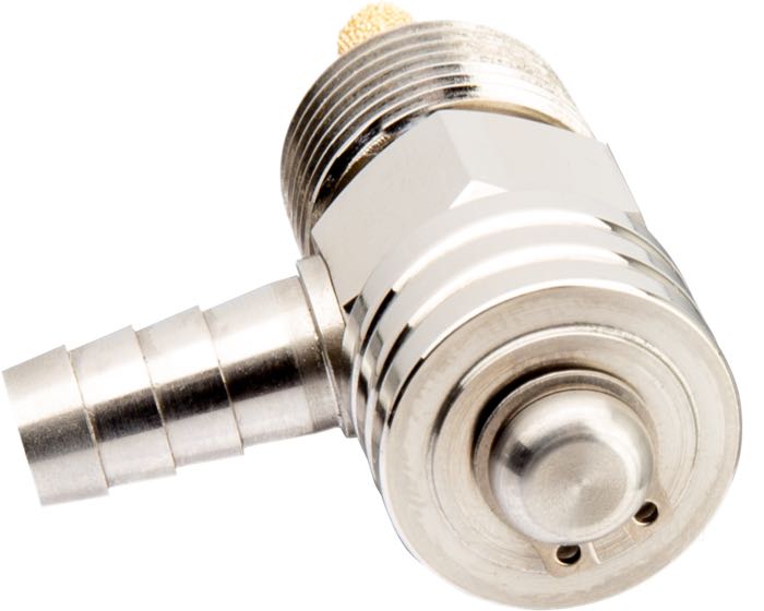 Benzinhahn von Prism Supply Co.; Edelstahl, poliert, keine Reserve; Länge: 30 mm; Ø 18 mm; Auslass-Stellung: 90°; Gewinde: 3/8”-18 NPT; USA; Bruttogewicht: 58 g
