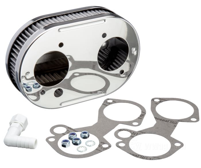 Filtre à air »ovale«; pour carburateurs Weber DCOE 40; acier / papier, chromé; L x H x P: 6-7/8 x 4-1/2 x 1-3/4”; poids brut: 450 g