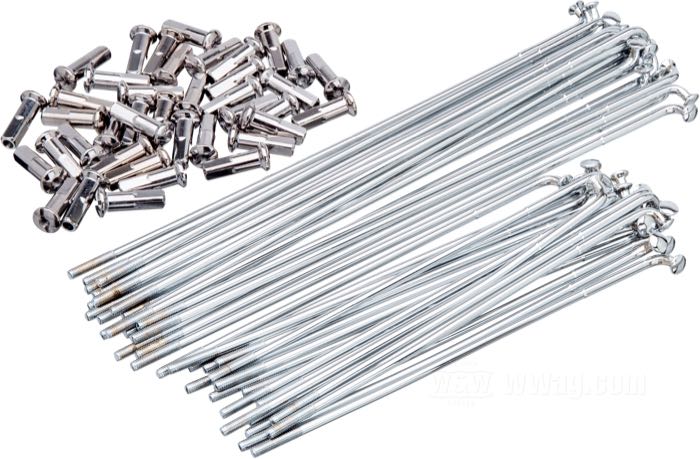 Set di raggi; atto per modelli 45”/750 cc 1929-1952 (ecc. Servi-car 1941→); acciaio, cromato; lunghezza L1: 209; lunghezza L2: 149; angolo α: 95 °; filettatura: 9G-40; per semitamburo con mozzo anteriore 750 cc; per cerchi a canale semi-profondo 18