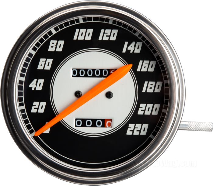 Compteur mécanique »1947«; Ø 4-1/4”; filetage: 5/8”-18; fond: noir / argenté; rapport: 1400 rpm = 60 km/h; →220 km/h; Nadelfarbe A: orange; poids brut: 477 g