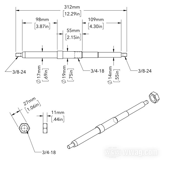 Tringles de support pour marchepieds; adaptable à machines Solo de 750cc des années 1929-1952 et pour les Servi-Cars de 1933-1973; acier, avant, filetage aux extrémités: 3/8”-24, filet de montage: 3/4”-18; longueur: 312 mm; remplace OEM HD 50510-38 et 50517-38; poids brut: 540 g