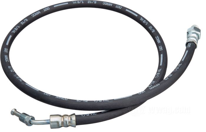 Brake line; fits FL 1973-1980; tee to brake caliper; steel, rubber; length: 88 cm; position: rear; thread: 1/8”-27 NPT; connection thread: 3/8” IF; replaces OEM HD 42300-73; gross weight: 130 g