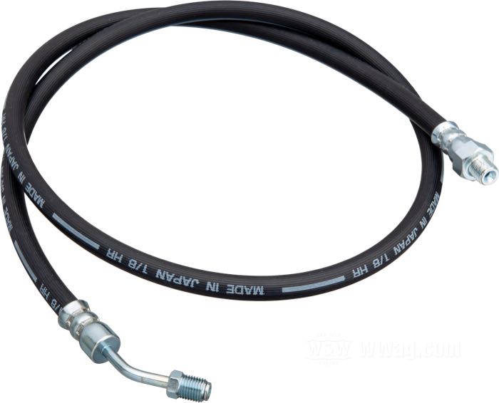 Brake line; fits FLH 1972-1981; master cylinder to brake caliper; steel, rubber; length: 115 cm; position: front; thread: 1/8”-27 NPT; connection thread: 3/8” IF; replaces OEM HD 45120-72A; gross weight: 210 g