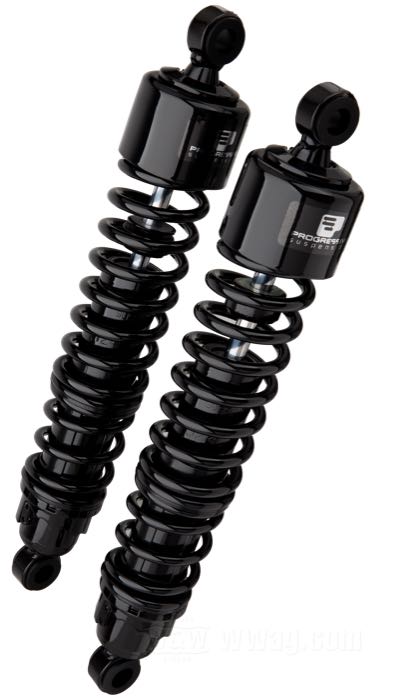 Ammortizzatori »413 Series« di Progressive Suspension; atto per Sportster 883 1988-2003; acciaio / acciaio per molle, nero, rivestito a polvere; lunghezza: 381 mm; ochiello del amortizzatore: 15.9 mm; rigidità molla: 130/200 lbs/inch; con chiave di regolazione per ammortizzatori; certificato; peso lordo: 5.08 kg