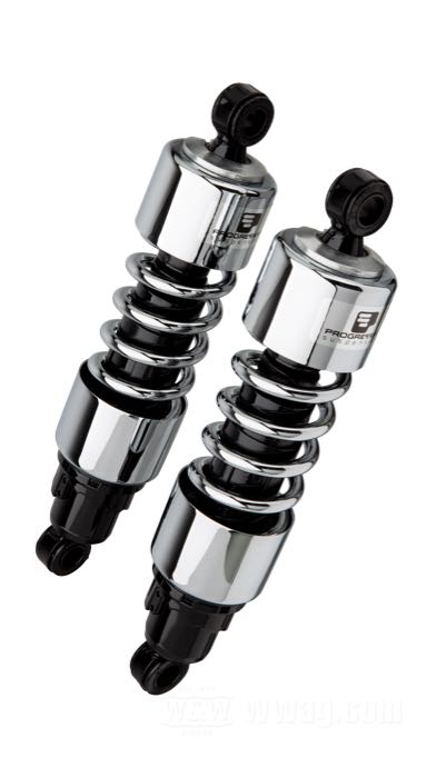Ammortizzatori »412 Series Regular« di Progressive Suspension; atto per V-Rod; acciaio / acciaio per molle, cromato; lunghezza: 305 mm; ochiello del amortizzatore: 15.9 mm; rigidità molla: 210/250 lbs/inch; con chiave di regolazione per ammortizzatori; certificato; peso lordo: 4.6 kg