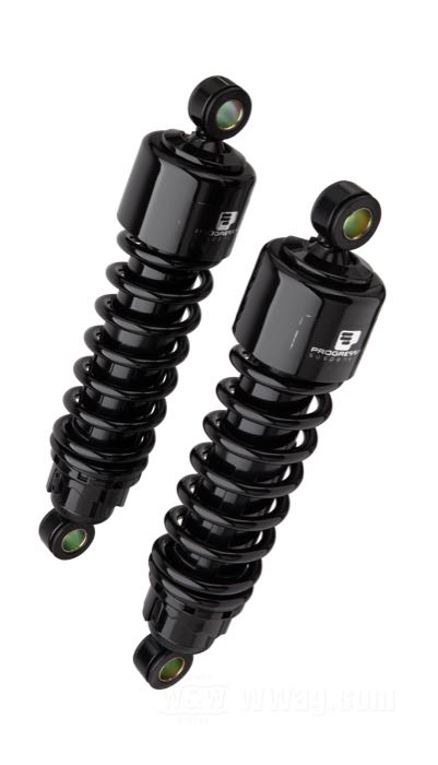 Stoßdämpfer »412 Series Heavy Duty« von Progressive Suspension; passend für Touring 2006→; Stahl / Federstahl, schwarz, kunststoffbeschichtet; Länge: 292 mm; Stoßdämpfer-Auge: 15.9 mm; Federrate: 125/170 lbs/inch; mit Einstellschlüssel; ersetzt OEM HD 54662-09 und 54662-02A; mit Teilegutachten; Bruttogewicht: 4.38 kg