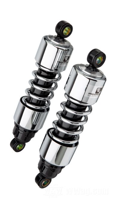 Stoßdämpfer »412 Series Heavy Duty« von Progressive Suspension; passend für Touring 2006→; Stahl / Federstahl, verchromt; Länge: 292 mm; Stoßdämpfer-Auge: 15.9 mm; Federrate: 125/170 lbs/inch; mit Einstellschlüssel; ersetzt OEM HD 54662-09 und 54662-02A; mit Teilegutachten; Bruttogewicht: 4.57 kg