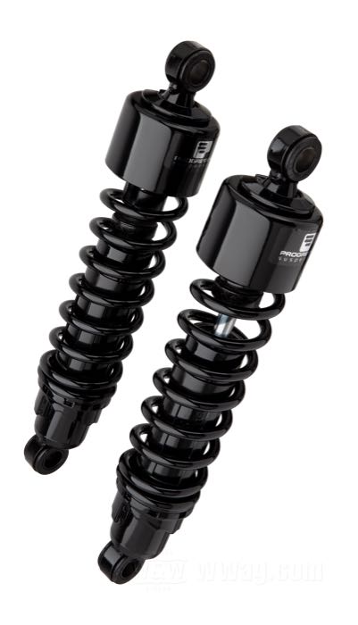 Stoßdämpfer »412 Series Heavy Duty« von Progressive Suspension; passend für Touring 2006→; Stahl / Federstahl, schwarz, kunststoffbeschichtet; Länge: 330 mm; Stoßdämpfer-Auge: 15.9 mm; Federrate: 105/150 lbs/inch; mit Einstellschlüssel; ersetzt OEM HD 54565-09 und 54565-97C; mit Teilegutachten; Bruttogewicht: 4.15 kg