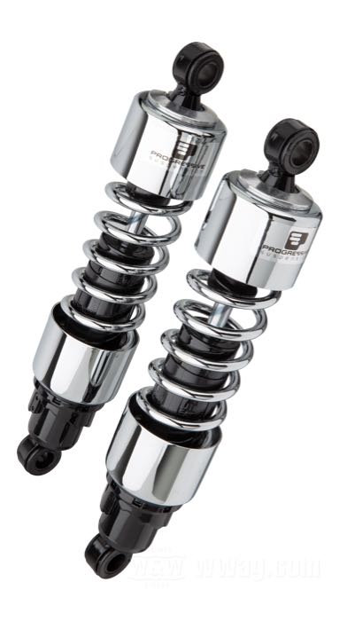 Stoßdämpfer »412 Series Heavy Duty« von Progressive Suspension; passend für Touring 2006→; Stahl / Federstahl, verchromt; Länge: 330 mm; Stoßdämpfer-Auge: 15.9 mm; Federrate: 105/105 lbs/inch; mit Einstellschlüssel; ersetzt OEM HD 54565-09 und 54565-97C; mit Teilegutachten; Bruttogewicht: 4.44 kg
