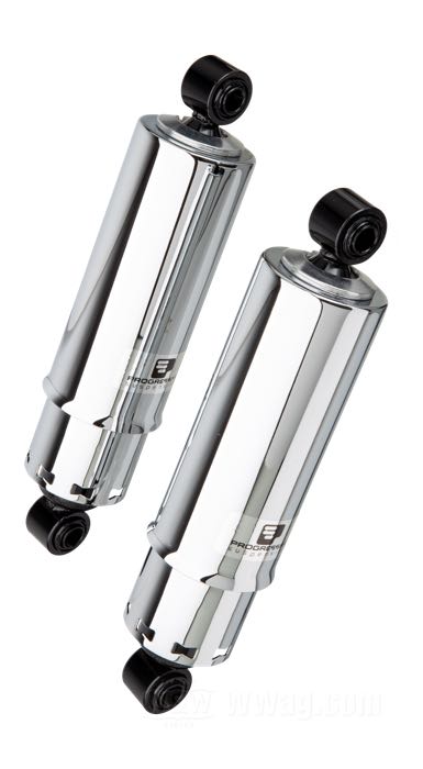 Ammortizzatori »Regular Full Cover« di Progressive Suspension; atto per FL/FX 1973-1985; acciaio / acciaio per molle, cromato; lunghezza: 280 mm; ochiello del amortizzatore: 12.9 mm; rigidità molla: 300/350 lbs/inch; con chiave di regolazione per ammortizzatori; certificato; peso lordo: 5.6 kg