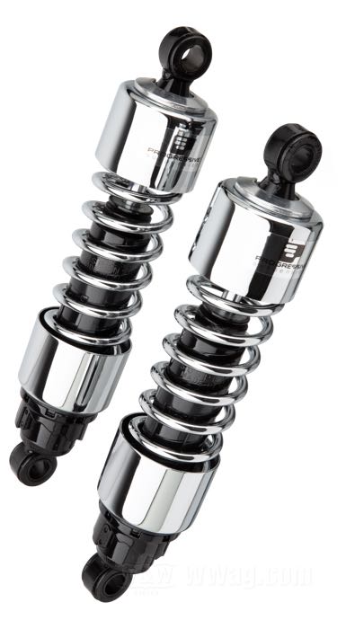 Stoßdämpfer »412 Series Regular« von Progressive Suspension; passend für Sportster 1979-2003, FXR →1994; Stahl / Federstahl, verchromt; Länge: 318 mm; Stoßdämpfer-Auge: 15.9 mm; Federrate: 75/120 lbs/inch; mit Einstellschlüssel; ersetzt OEM HD 54568-82; mit Teilegutachten; Bruttogewicht: 4.68 kg