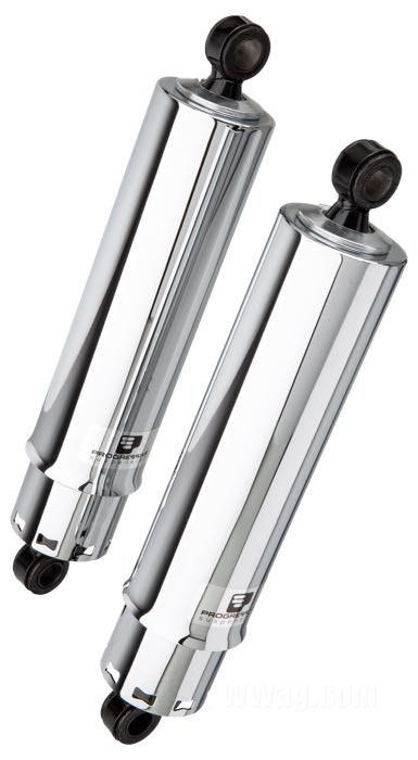 Ammortizzatori »Regular Full Cover« di Progressive Suspension; atto per FL 1958-1972; acciaio / acciaio per molle, cromato; lunghezza: 343 mm; ochiello del amortizzatore: 15.9 mm; rigidità molla: 245/340 lbs/inch; con chiave di regolazione per ammortizzatori; rimpiazza OEM HD 54500-58C; certificato; peso lordo: 6.94 kg