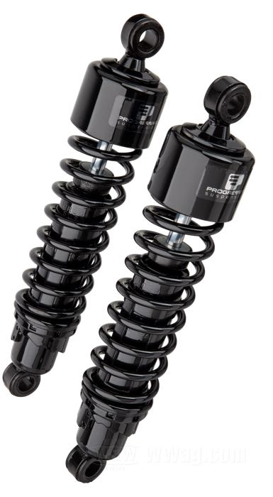 Stoßdämpfer »412 Series Regular« von Progressive Suspension; passend für Sportster 1979-2003, FXR →1994; Stahl / Federstahl, schwarz, kunststoffbeschichtet; Länge: 330 mm; Stoßdämpfer-Auge: 15.9 mm; Federrate: 75/120 lbs/inch; mit Einstellschlüssel; ersetzt OEM HD 54502-87; mit Teilegutachten; Bruttogewicht: 4.54 kg