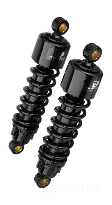 Stoßdämpfer »412 Series Regular« von Progressive Suspension; passend für Sportster 1979-2003, FXR →1994; auch zugelassen für Touring 1979-2005; Stahl / Federstahl, schwarz, kunststoffbeschichtet; Länge: 292 mm; Stoßdämpfer-Auge: 15.9 mm; Federrate: 90/130 lbs/inch; mit Einstellschlüssel; mit Teilegutachten; Bruttogewicht: 4.17 kg