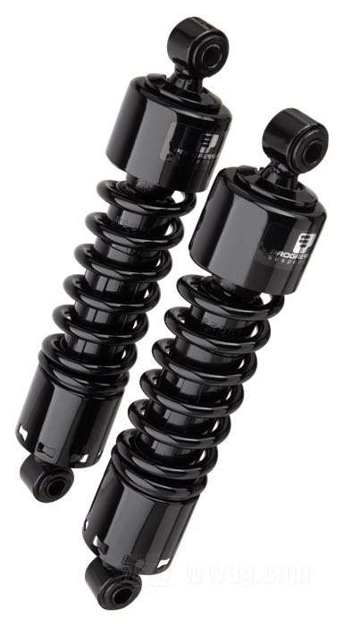 Ammortizzatori »412 Series Regular« di Progressive Suspension; atto per Dyna 1991→; acciaio / acciaio per molle, nero, rivestito a polvere; lunghezza: 318 mm; ochiello del amortizzatore: 12.9 mm; rigidità molla: 210/250 lbs/inch; con chiave di regolazione per ammortizzatori; rimpiazza OEM HD 54577-94; certificato; peso lordo: 4.6 kg