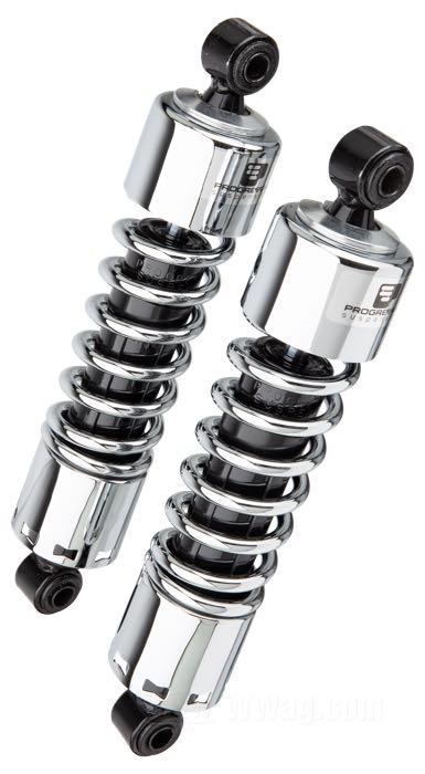 Ammortizzatori »412 Series Regular« di Progressive Suspension; atto per Dyna 1991→; acciaio / acciaio per molle, cromato; lunghezza: 318 mm; ochiello del amortizzatore: 12.9 mm; rigidità molla: 210/250 lbs/inch; con chiave di regolazione per ammortizzatori; rimpiazza OEM HD 54577-94; certificato; peso lordo: 4.63 kg