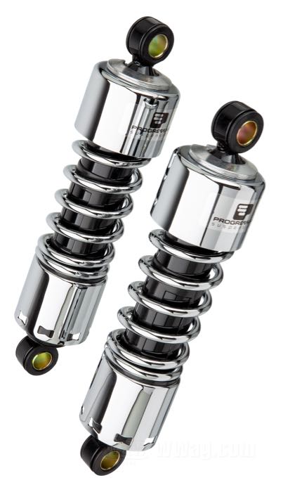 Ammortizzatori »412 Series Heavy Duty« di Progressive Suspension; atto per Sportster 2004-2020; acciaio / acciaio per molle, cromato; lunghezza: 280 mm; ochiello del amortizzatore: 15.9 mm; rigidità molla: 115/150 lbs/inch; con chiave di regolazione per ammortizzatori; certificato; peso lordo: 4.17 kg