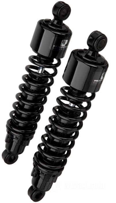 Ammortizzatori »412 Series Heavy Duty« di Progressive Suspension; atto per Sportster 2004-2020; acciaio / acciaio per molle, nero, rivestito a polvere; lunghezza: 330 mm; ochiello del amortizzatore: 15.9 mm; rigidità molla: 90/130 lbs/inch; con chiave di regolazione per ammortizzatori; rimpiazza OEM HD 54568-04; certificato; peso lordo: 4.4 kg